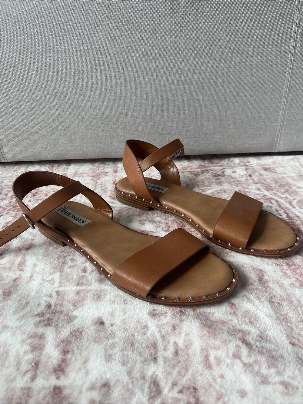 Steve Madden Brown Leather Studded Ankle-Strap Sandals